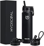 HydroPal Edelstahl Trinkflasche - 750ml, 1L, 1,2L, BPA-Frei, Kohlensäure geeignet, Isolierte Thermosflasche mit Strohhalm & 2 Deckel, Auslaufsichere Isolierflasche für Kinder, Sport, Fitness