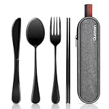 Quatish Camping Besteck, 5 Stück Edelstahl Reisebesteck mit Etui, Besteckset to Go, Campingbesteck für Unterwegs, Outdoor, Reise, Arbeit, Schule, Reise Gadgets, Schwarz