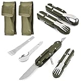 PLLYPE Outdoor Bundeswehr Besteck, 2PCS Edelstahl Campingbesteck Essbesteck Set, Camping Besteckset, 6 in 1 Edelstahl Camping Besteck, Reisebesteck Klappbesteck mit Gürteltasche für Picknick Reise
