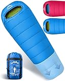 ALPENWERT® Kinderschlafsack Sommer – wächst mit! [130–170 cm] – Nur 920g, Kompakt [32×19 cm] – Perfekt für Camping, Festival, Outdoor – Mumienschlafsack ab 6 Jahren (Hellblau/Neongelb)