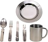 Camping Edelstahl Geschirrset Besteck + Teller + Tasse Farbe Edelstahl