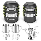 Odoland Camping Geschirr Set 16 PCS für 2 Personen Outdoor Kochgeschirr aus Aluminium und Edelstahl Camping Töpfe Becher Faltbare Besteck Mini Campingkocher für Outdoor Geschirr Picknick Wandern