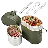 Bundeswehr Essgeschirr, Hitzebeständig Camping Kochgeschirr Outdoor mit Faltbarer Messer, Gabel und Löffel, Bundeswehr Aluminium Kochgeschirr, 1.8L Lunchbox für 1-2 Personen Geeignet