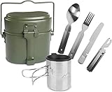 Outdoor Geschirr-Set bestehend aus Bundeswehr Kochgeschirr, 5-teiligem Besteck und Tasse mit klappbarem Henkel und Deckel - rostfrei und hitzebeständig Farbe Olive