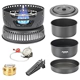 ALOCS Camping Kochgeschirr Set, 11-teilig – Ultraleichtes Outdoor Topfset mit Spirituskocher und Gasbrenner – Hardanodisiertes Aluminium Camping Pfanne und Töpfe für Wandern, Trekking, Picknick