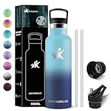 KollyKolla Thermosflasche 500ml, Thermoskanne BPA-frei, Trinkflasche Edelstahl mit Strohhalm, Kohlensaeure Geeignet, Isolierflasche Auslaufsicher, Wasserflasche für Fitness, Schule, Outdoor, Sport