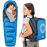Trail Schlafsack Kinder Mumienschlafsack als Schlafsack 3 Jahreszeiten für Camping – 300gsm – für Jungen und Mädchen – mit Leichtem Transportrucksack - Blau