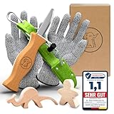 Eli® Schnitzmesser Kinder mit Filztasche ab 6 Jahre - hochwertiges Kindermesser Schnitzset inkl. schnittfeste Handschuhe - Kinderschnitzmesser - Schnitzwerkzeug - Outdoor Messer - grün